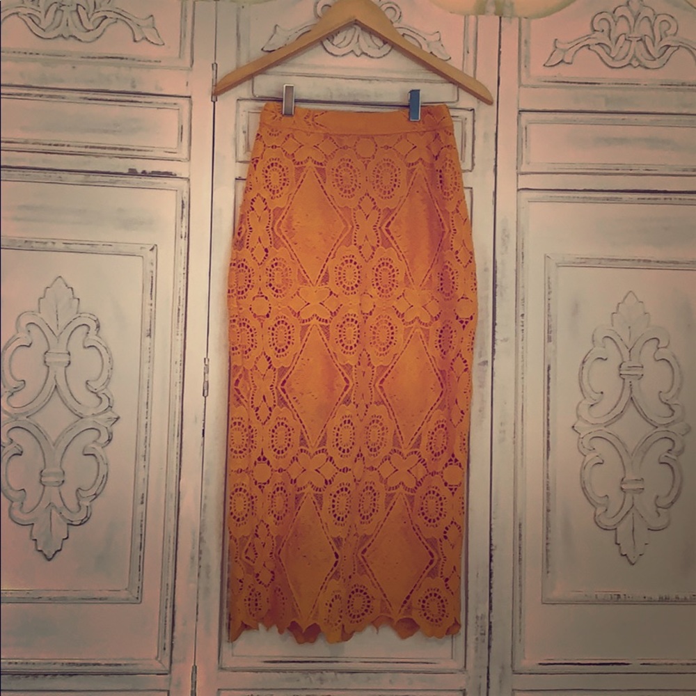Saffron yellow lace midi skirt